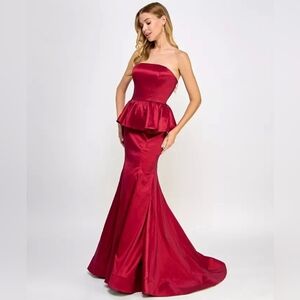 B Darlin Strapless Peplum Mermaid Evening Dress - Wine Red